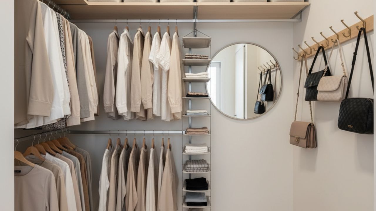 Closet pequeno aberto com cabideiros metálicos, roupas claras organizadas por tipo, prateleiras estreitas para peças dobradas, ganchos de parede com bolsas e espelho redondo que amplia visualmente o ambiente.