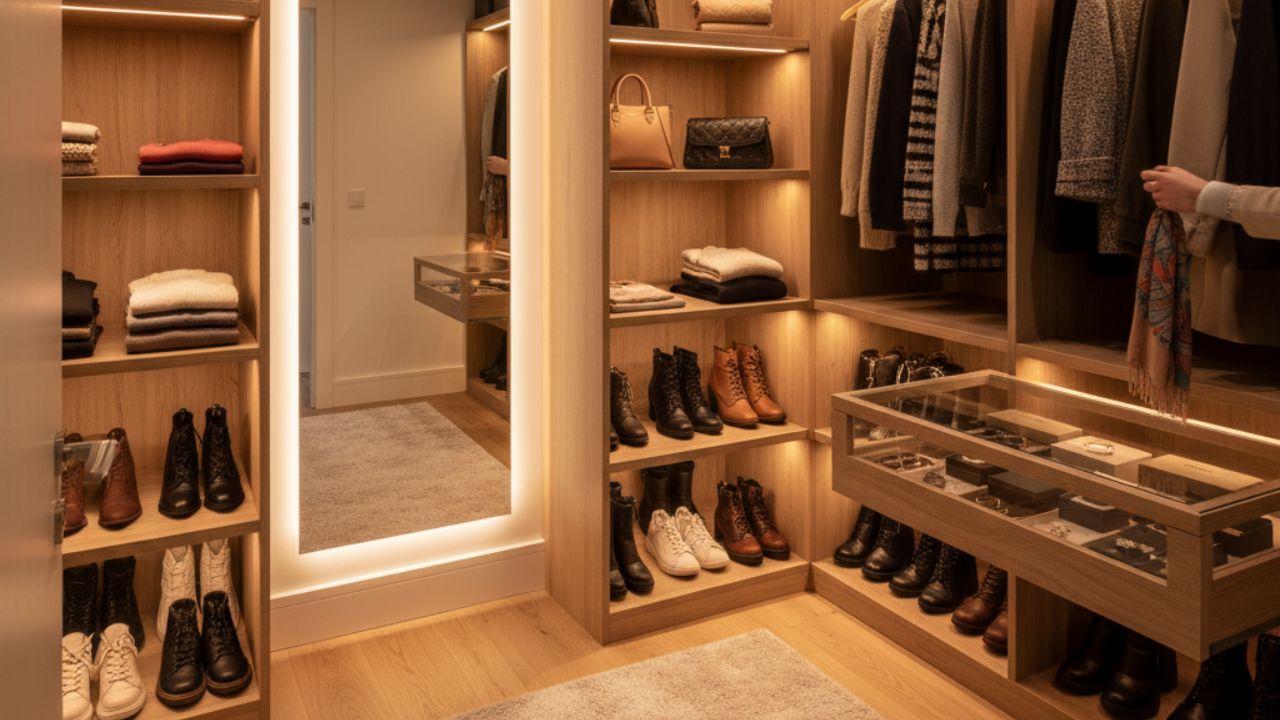 Closet pequeno planejado com marcenaria em madeira, iluminação embutida nas prateleiras, divisórias para calçados, bolsas e roupas dobradas, além de espelho vertical que amplia a sensação de profundidade e organização.