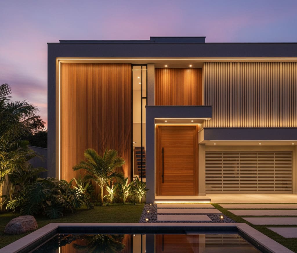 Casa moderna com fachada geométrica, painéis verticais de madeira, iluminação cênica e paisagismo tropical, destacando linhas puras e uma entrada sofisticada ao entardecer.