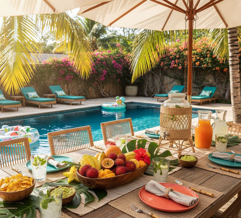 Mesa posta à beira da piscina: ideias práticas para transformar o verão em momentos inesquecíveis
