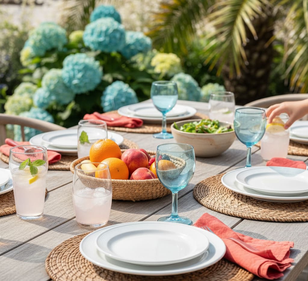 Mesa posta à beira da piscina: ideias práticas para transformar o verão em momentos inesquecíveis