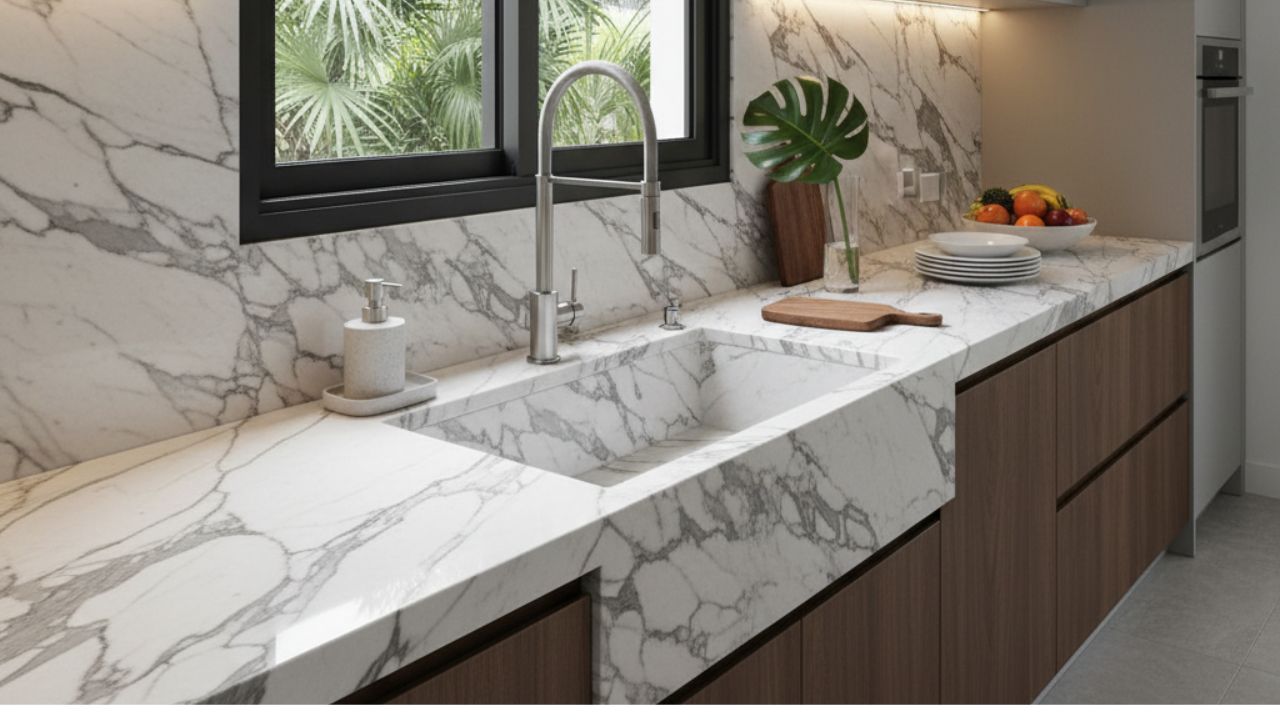 Pia de mármore na cozinha: quando o charme do material vale o investimento