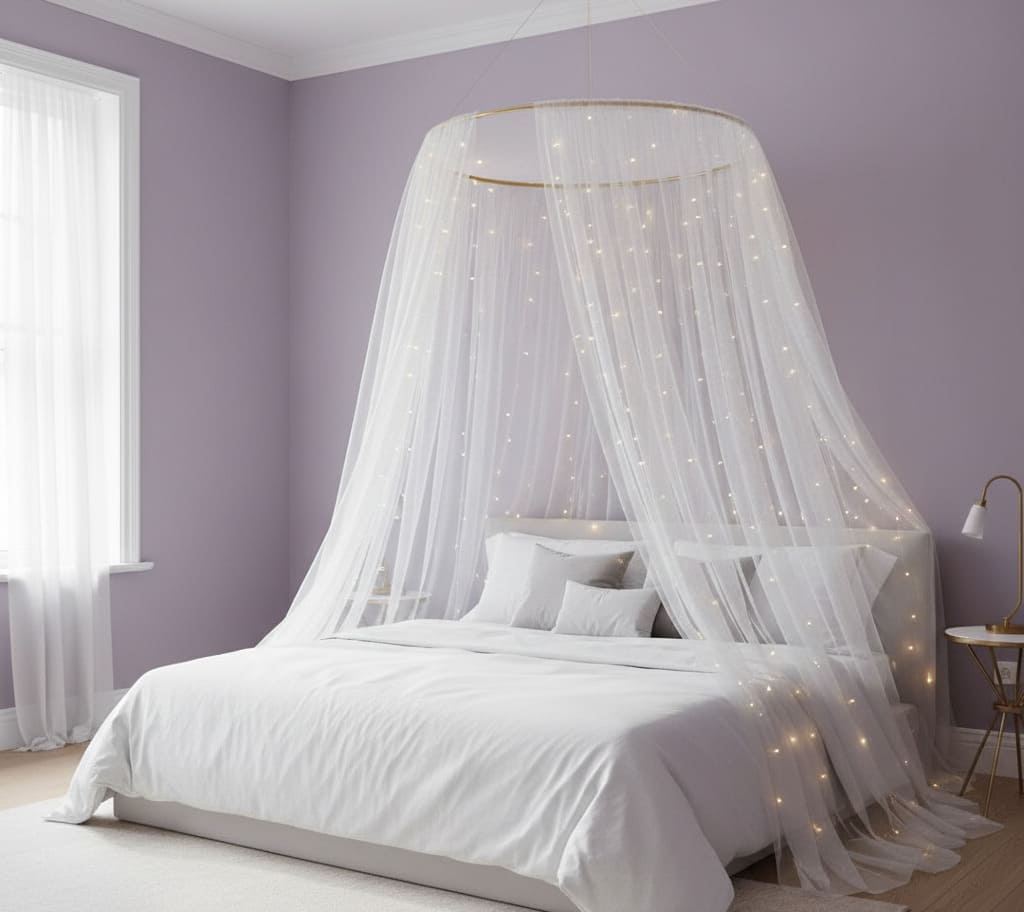 Tons suaves de lilás combinados com detalhes em dourado transformam o quarto de princesa em um ambiente moderno e sofisticado