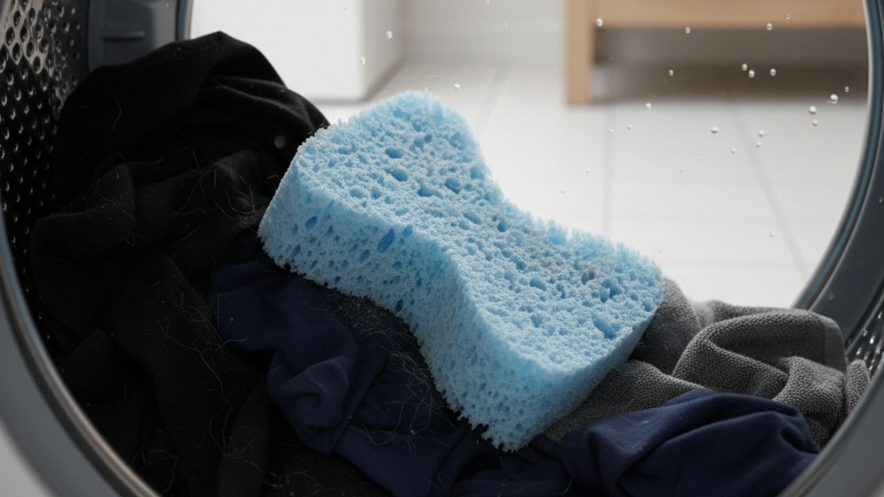 O truque da esponja na máquina de lavar que reduz pelos e fiapos das roupas