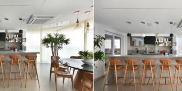 O sistema Flap permite que o morador tenha sua TV posicionada sem a necessidade de uma parede. Nessa área gourmet projetada pela arquiteta Rosangela Pena, a TV ‘desce’ do forro por meio do suporte que a recebe | Fotos: Sidney Doll