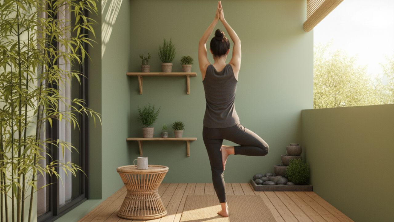 Varanda com deck de bambu e paredes em tom verde suave, mulher praticando yoga em posição de árvore; prateleiras com plantas, vaso de bambu, mesa lateral em fibra natural e luz natural filtrada, formando um ambiente tranquilo e integrado à natureza.