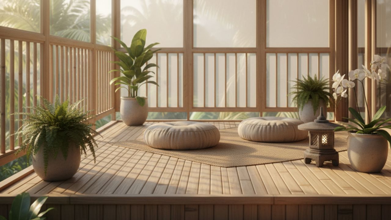 Varanda com deck de bambu e guarda-corpo de madeira, espaço zen com almofadas de meditação, vasos com plantas ornamentais e iluminação natural abundante; ambiente sereno voltado ao relaxamento, bem-estar e conexão com a natureza.