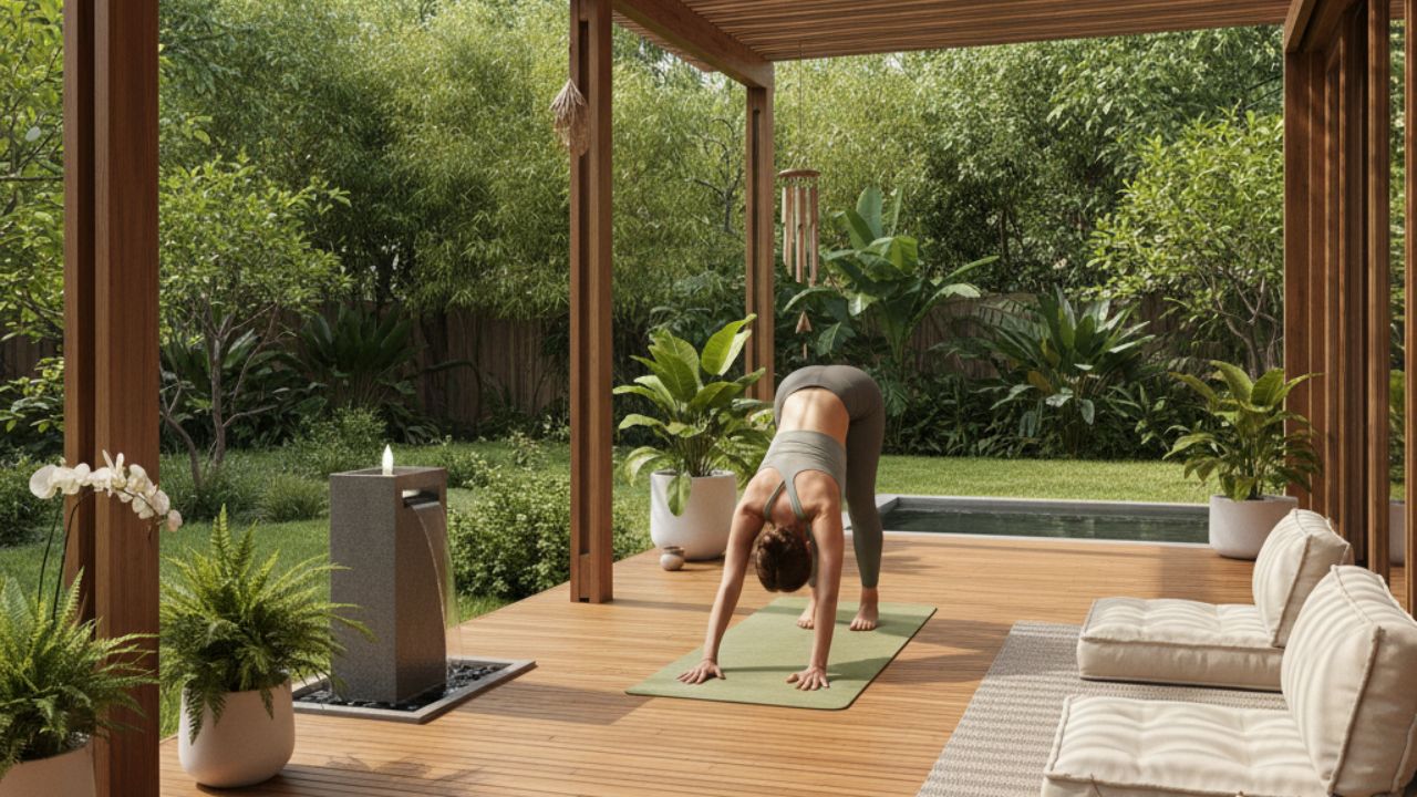 Varanda com deck de bambu integrada ao jardim, mulher praticando yoga sobre tapete verde; pergolado de madeira, plantas tropicais em vasos, fonte decorativa e móveis estofados criam um espaço de descanso, equilíbrio e contato direto com o verde.