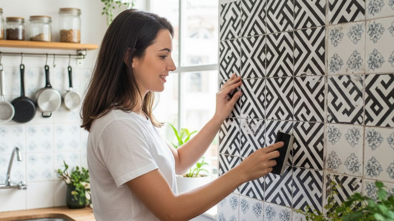 Mulher aplicando adesivo vinílico geométrico sobre azulejos antigos da cozinha para renovar a parede sem reforma