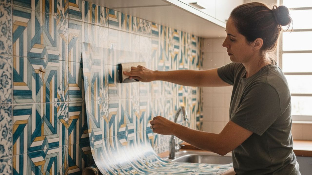 Pessoa aplicando revestimento adesivo contínuo sobre azulejos estampados na parede da cozinha