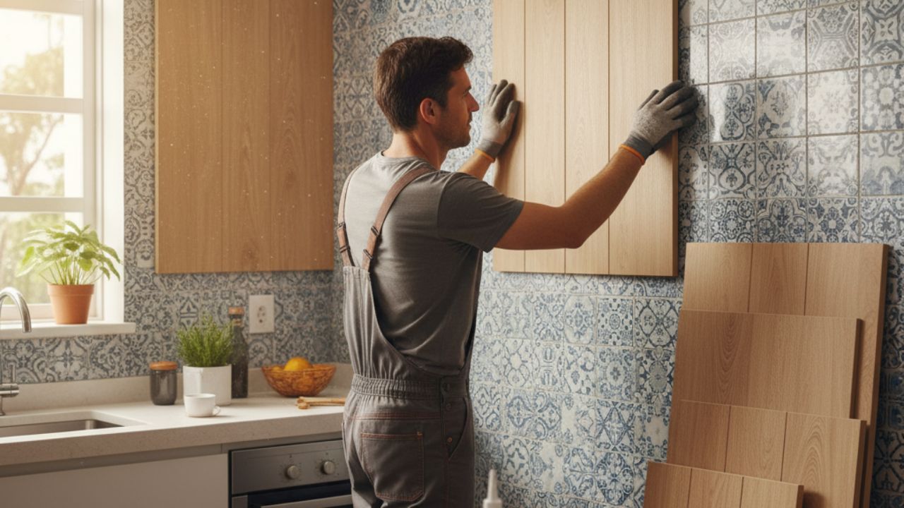 Instalação de painel amadeirado sobre parede de azulejos antigos para renovação sem obra