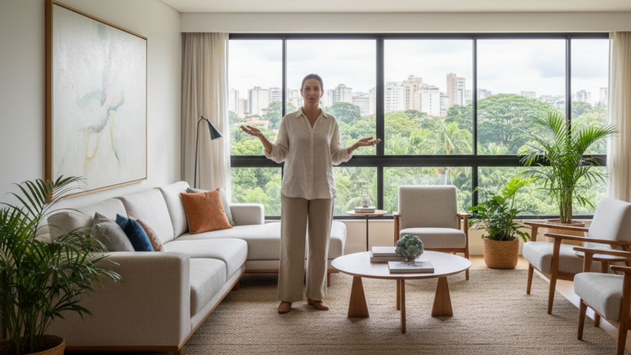 Sala de estar clara com sofá neutro, plantas e ampla janela com luz natural criando ambiente equilibrado e relaxante.