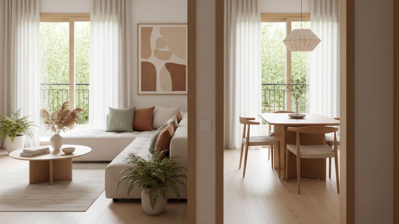 Ambiente integrado de sala e jantar com tons neutros e madeira clara criando continuidade visual e sensação de tranquilidade.