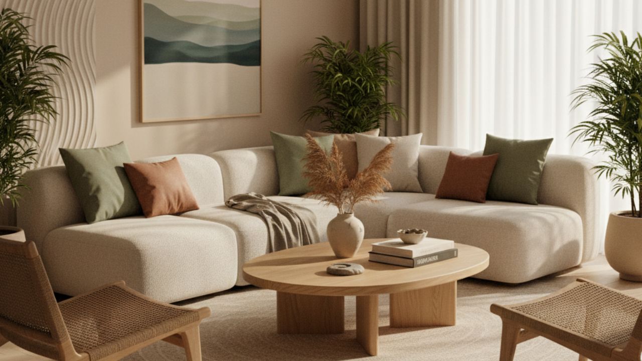 Sala de estar com sofá curvo, mesa redonda e decoração em tons naturais criando atmosfera acolhedora e relaxante.