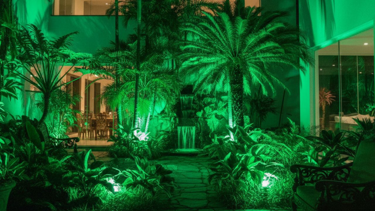 Jardim residencial iluminado com luz verde intensa mostrando efeito artificial na vegetação e perda de profundidade visual.