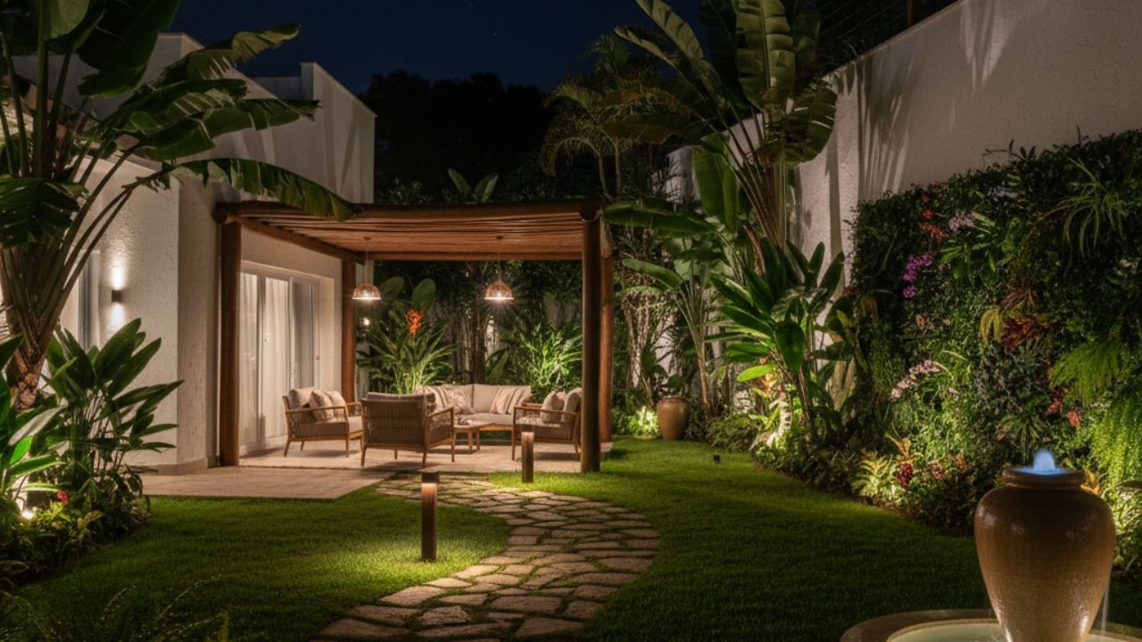 Jardim noturno com pergolado, iluminação indireta em caminhos e paisagismo tropical criando ambiente aconchegante.