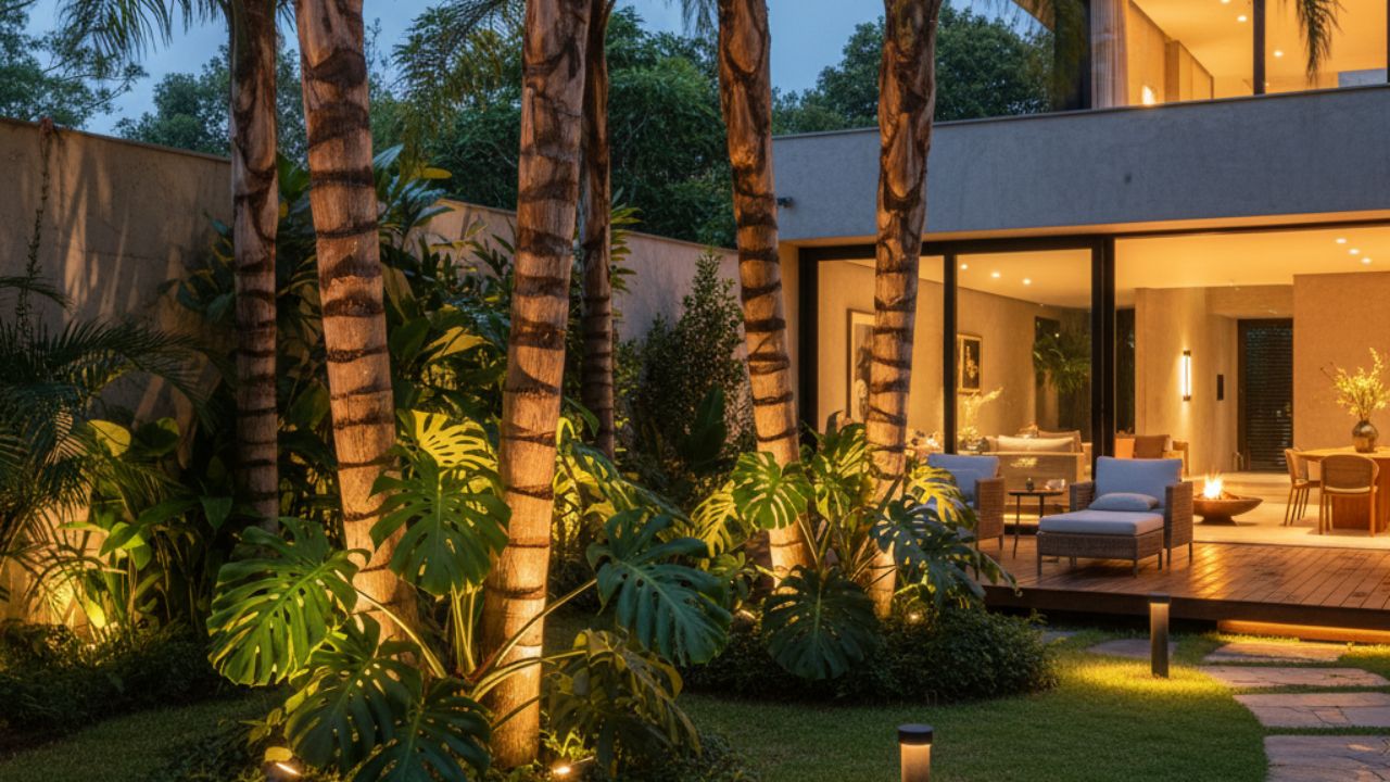 Jardim moderno noturno com iluminação quente, espelho d’água, paisagismo tropical e área de estar integrada à casa.