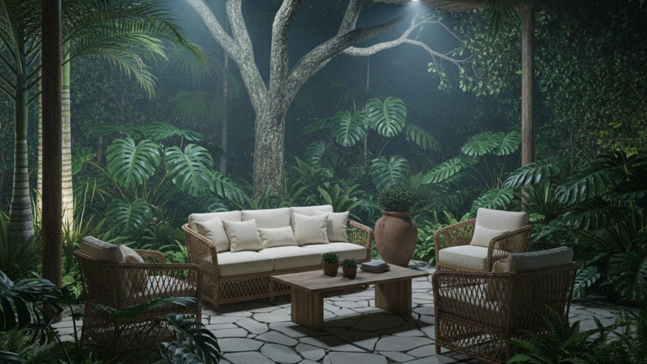 Lounge externo em jardim tropical noturno com iluminação suave destacando árvore central e móveis em fibra natural.
