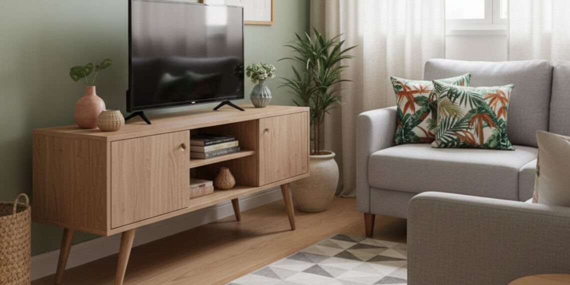 Rack pé palito em madeira clara com TV sobre o tampo, sofá bege, almofadas estampadas e plantas decorativas em sala iluminada.