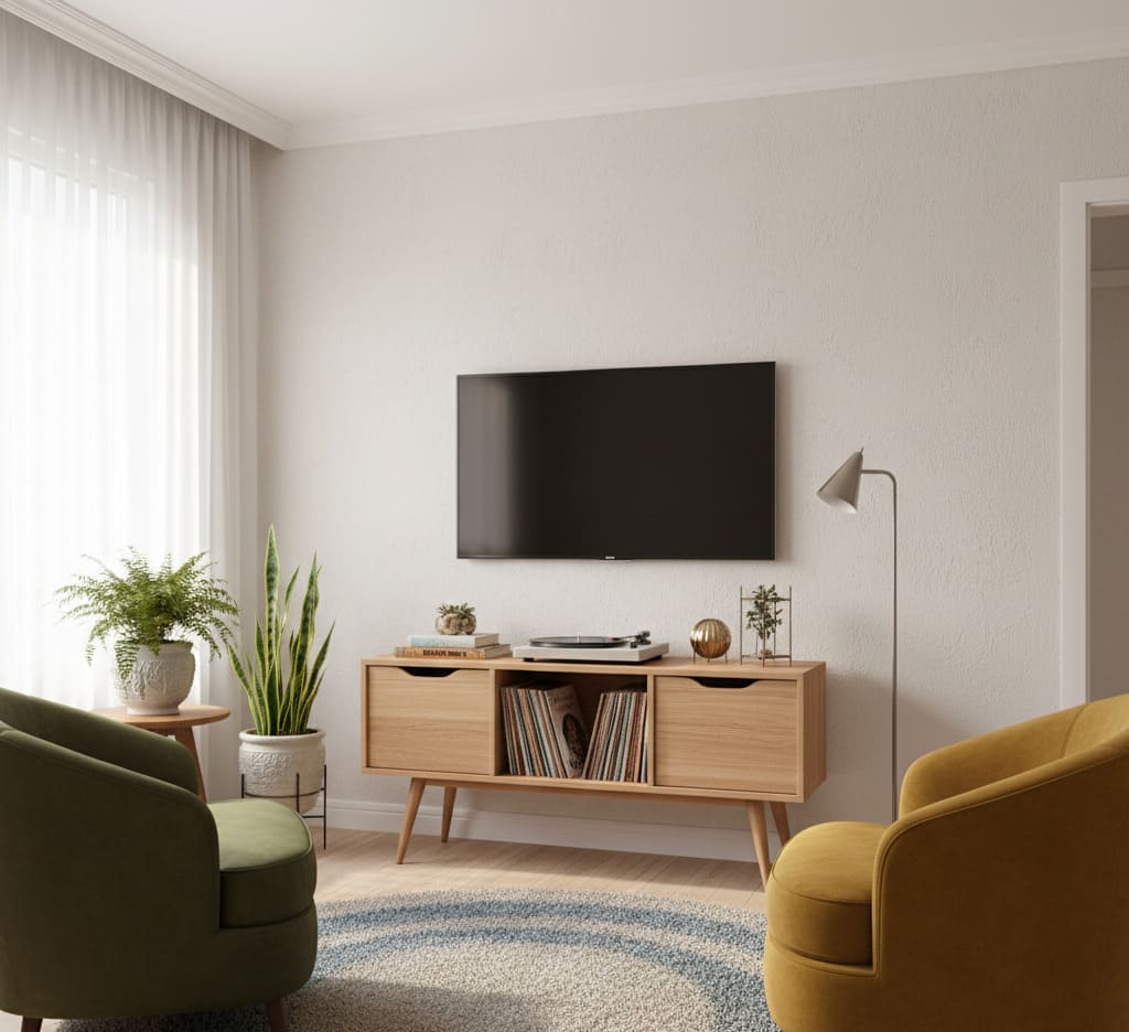Rack pé palito em madeira com nicho para discos de vinil, TV na parede e poltronas verde e mostarda em sala clara.