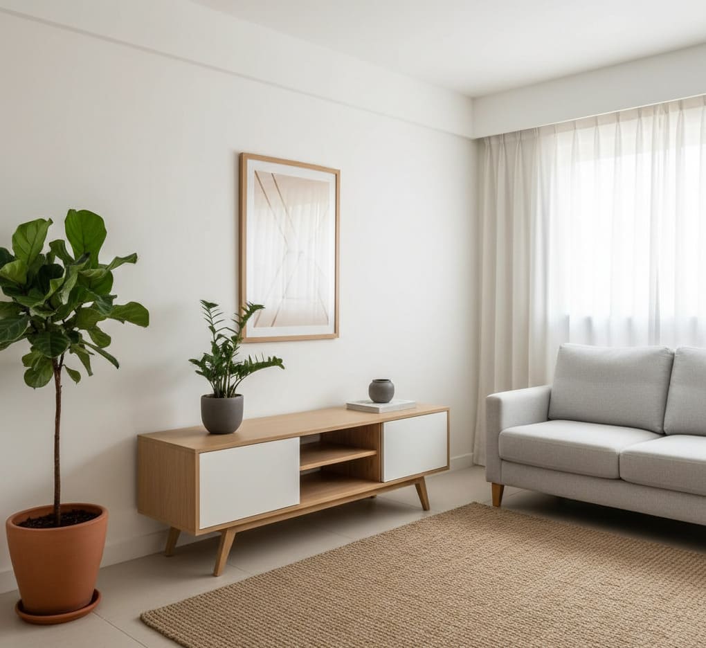 Rack pé palito com portas brancas e madeira clara, planta em vaso e sofá bege em sala minimalista iluminada.