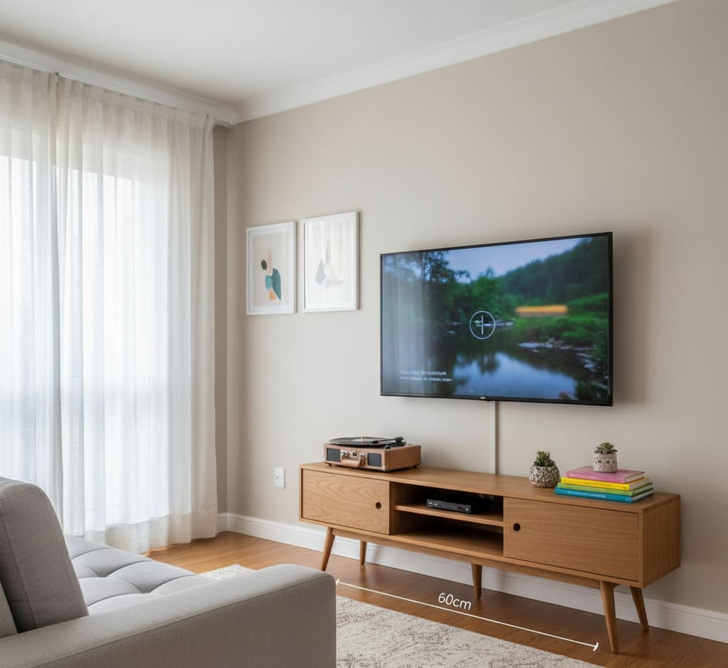 Rack pé palito longo em madeira com TV suspensa na parede, toca-discos e livros decorativos em sala neutra.