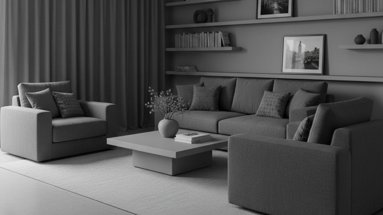 Sala de estar contemporânea em tons de cinza com sofá, poltronas e decoração monocromática destacando ambiente neutro e minimalista.