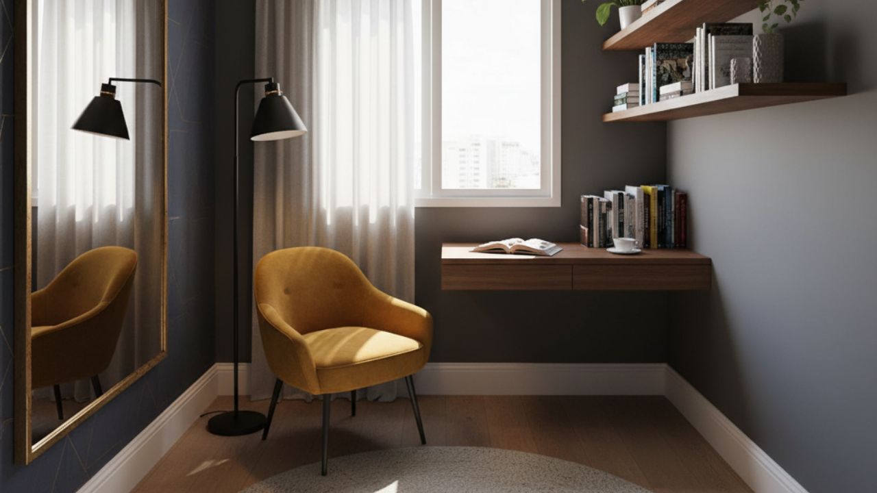 Cantinho de leitura com poltrona mostarda, luminária de piso e bancada suspensa mostrando contraste de cores em decoração contemporânea.