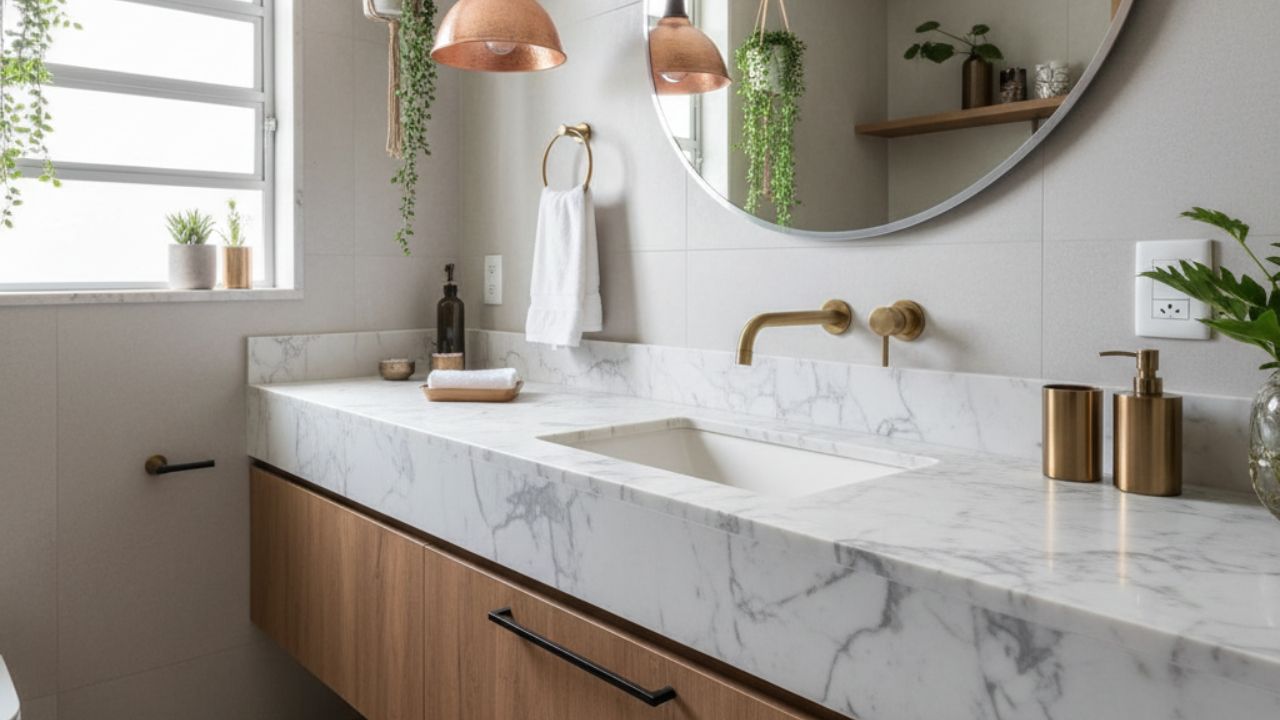 Banheiro moderno com bancada de mármore, metais dourados e decoração minimalista com plantas e espelho redondo.