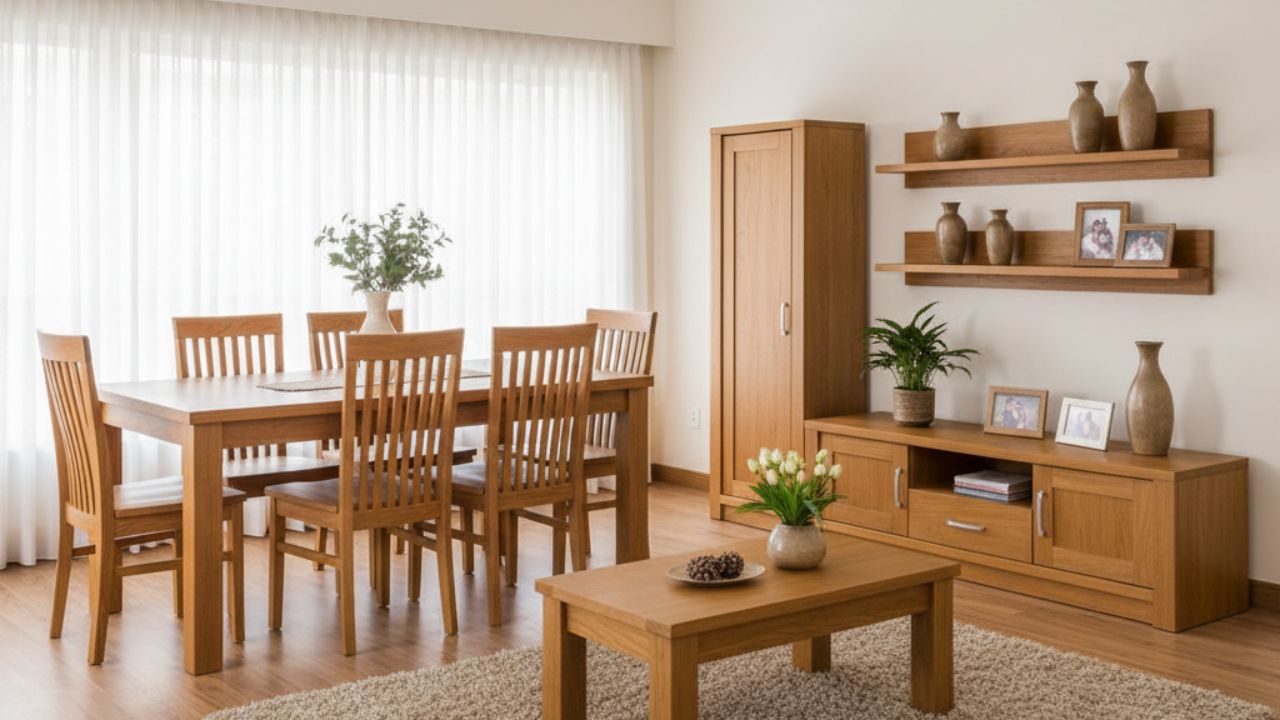 Sala de jantar com móveis de madeira combinando, mesa retangular e decoração clássica em ambiente integrado e iluminado.