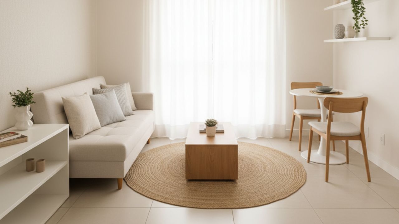 Sala clara minimalista com sofá bege, tapete redondo de fibra natural, mesa de centro de madeira e luz natural abundante.