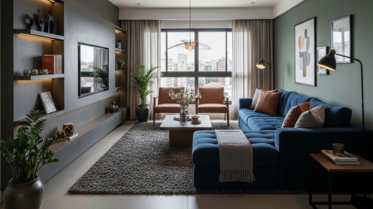 Sala com parede verde escura, sofá azul, estante planejada e iluminação natural entrando pela janela.