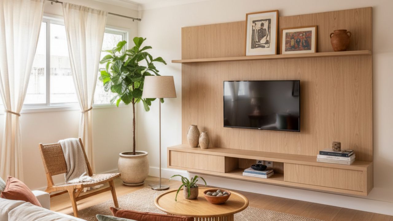 Sala clara com painel de madeira clara, TV embutida, poltrona de fibra natural e planta decorativa ao lado.