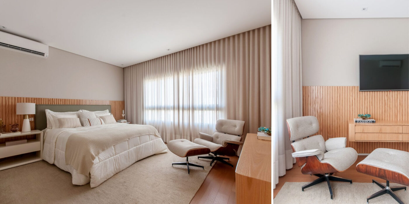 Sala íntima integrada ao dormitório valoriza conforto, leitura e momentos a dois