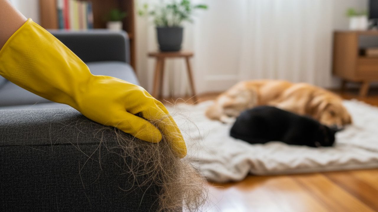 Pelos de pet no sofá: o truque com luva de borracha que supera o rolo adesivo
