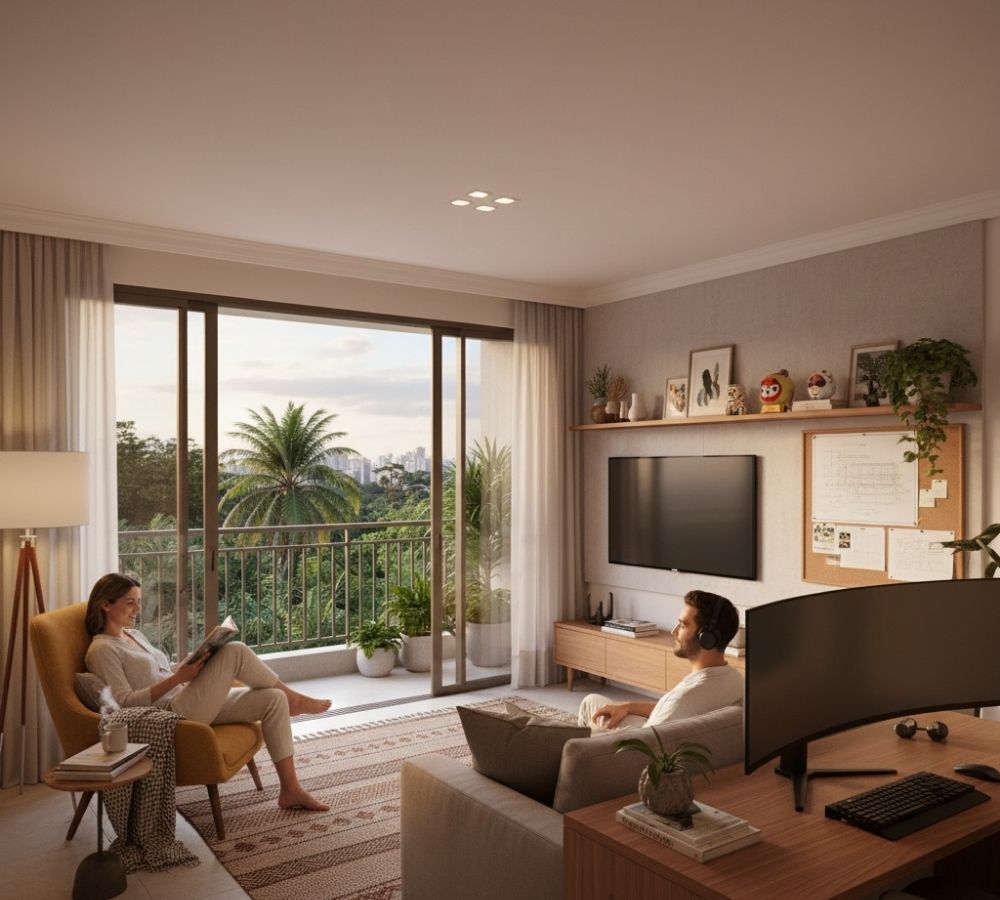 Sala de estar com casal em atividades individuais — mulher lendo na poltrona e homem ao computador — decoração neutra com madeira, tapete geométrico e vista para área verde.