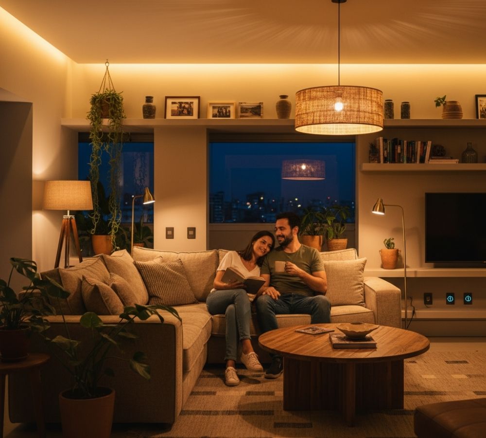Casal no sofá em sala com iluminação quente e indireta, fita de LED no sancas, pendente de fibra natural, plantas e prateleiras com quadros e vasos — ambiente aconchegante à noite.