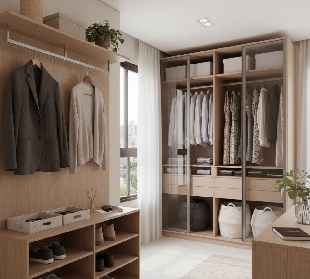 
Closet planejado em madeira clara com araras, prateleiras, gavetas e cestos organizadores — divisão equilibrada de espaço para duas pessoas com luz natural e acabamento neutro.