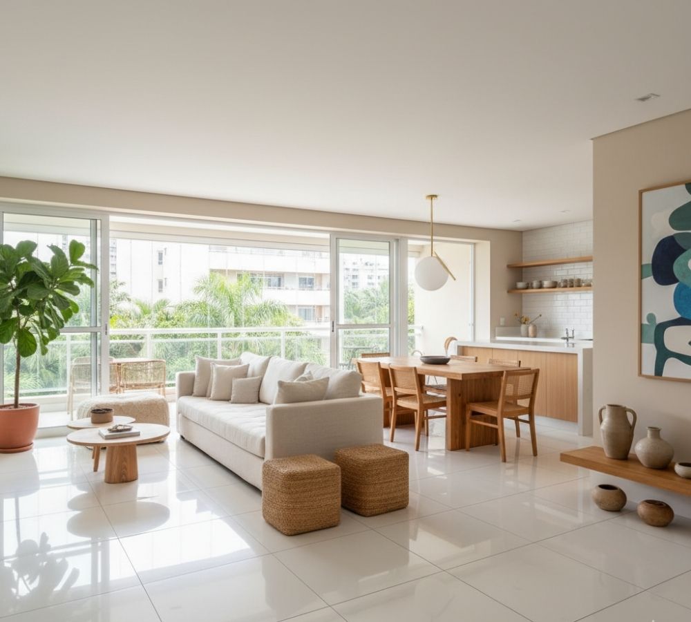 Sala de estar integrada à cozinha com piso branco polido, sofá bege, mesa de jantar em madeira, cadeiras de palha e plantas — projeto de decoração contemporânea com tons naturais