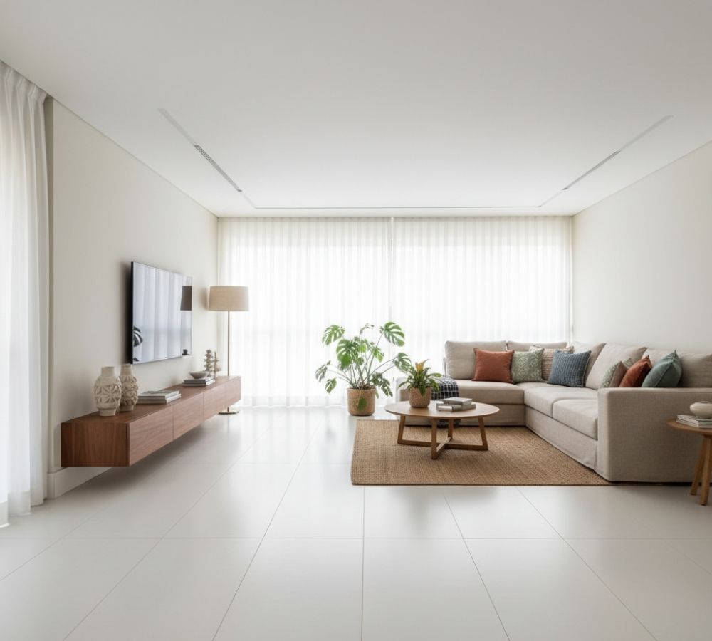 Sala de estar com piso branco em grandes formatos, sofá em L bege, rack de madeira escura flutuante, tapete de juta e planta monstera — decoração minimalista contemporânea