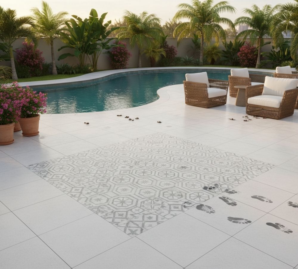Área de piscina com piso externo branco porcelanato acetinado antiderrapante, detalhe geométrico embutido, poltronas de fibra natural e jardim tropical com palmeiras