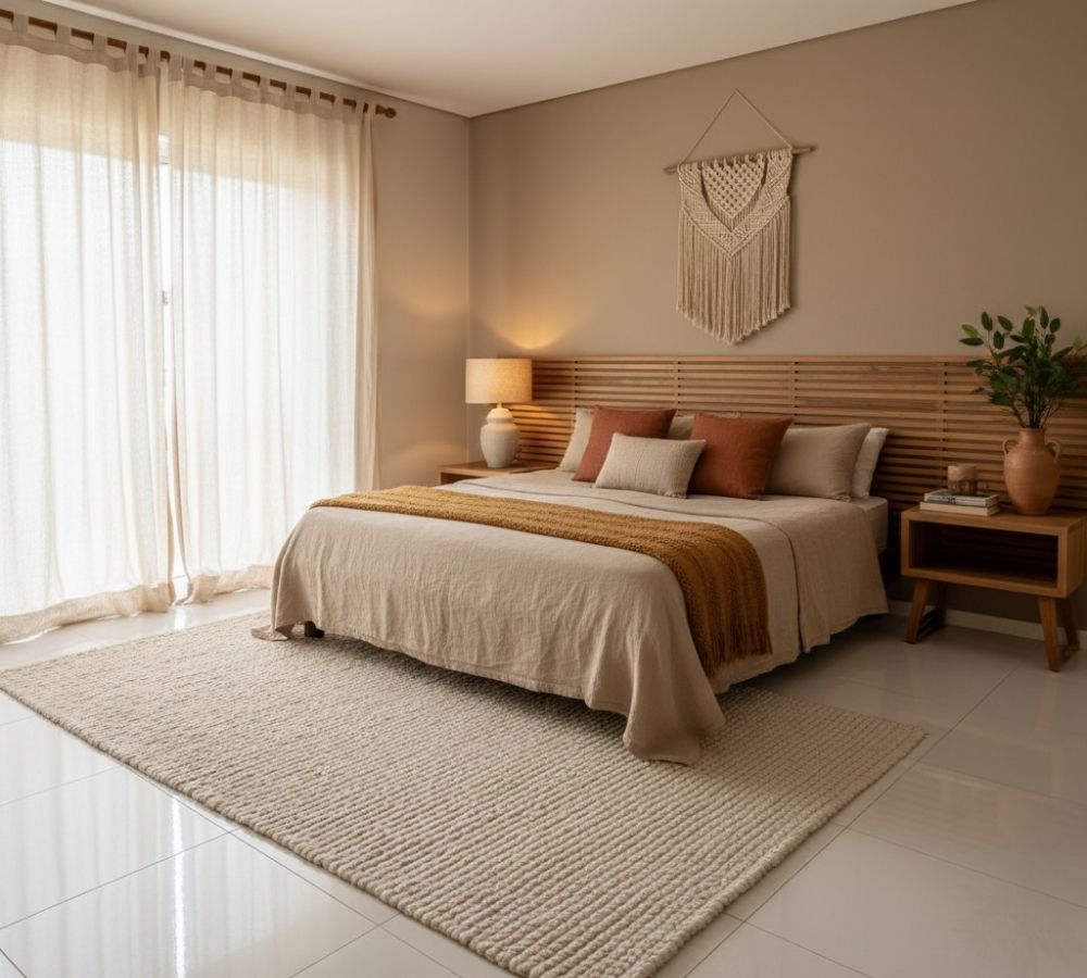Quarto de casal com piso branco polido, cabeceira ripada de madeira, tapete de lã, roupa de cama em tons bege e terracota, macramê na parede e cortinas de linho