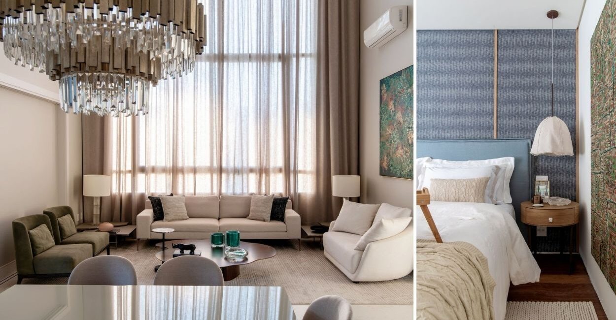 Do lustre pendente de cristal que explora o pé-direito duplo na sala de jantar ou o pendente de linho na lateral da cama, as arquitetas Vanessa Paiva e Claudia Passarini apreciam escolhas de modelos com personalidade para iluminar e decorar os ambientes | Projeto Paiva e Passarini Arquitetura e Design | Fotos: Xavier Neto
