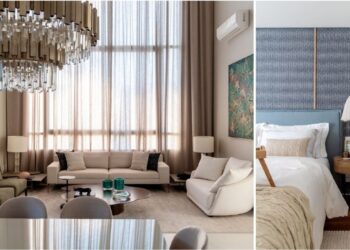 Do lustre pendente de cristal que explora o pé-direito duplo na sala de jantar ou o pendente de linho na lateral da cama, as arquitetas Vanessa Paiva e Claudia Passarini apreciam escolhas de modelos com personalidade para iluminar e decorar os ambientes | Projeto Paiva e Passarini Arquitetura e Design | Fotos: Xavier Neto