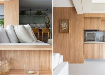 Ao explorar o encadeamento entre os ambientes, a arquiteta Daniela Funari afirma que a aplicação da marcenaria contínua estrutura os setores, principalmente os integrados, protagonizando o projeto por meio do visual e as soluções personalizadas para a decoração e organização | FOTOS: Mariana Camargo