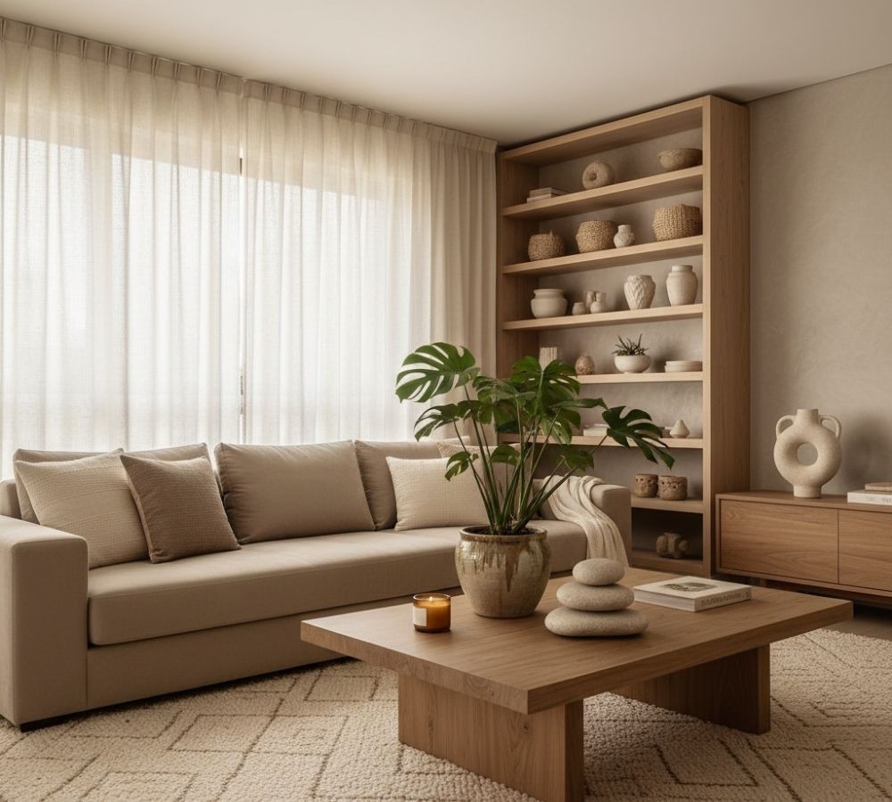  Sala de estar monocromática em tons bege e madeira natural, com sofá bege, mesa de centro de madeira, planta costela-de-adão em vaso cerâmico, tapete texturizado e estante com objetos decorativos artesanais.