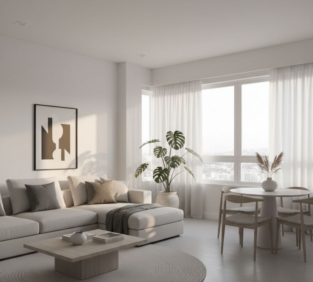 Sala de estar e jantar integradas com decoração monocromática em branco e off-white, sofá modular claro, mesa redonda, cadeiras de madeira, planta monstera em vaso de cerâmica e cortinas brancas translúcidas.
