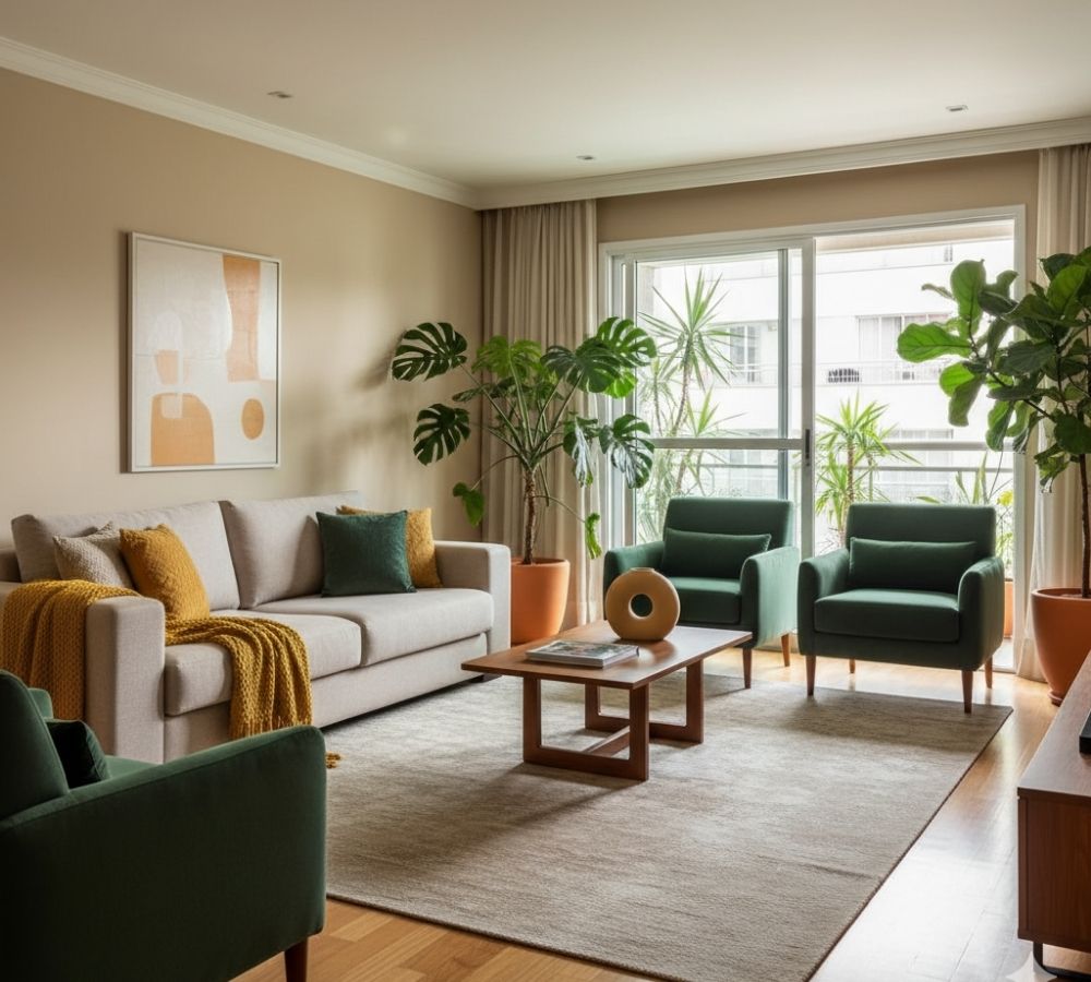 Sala de estar com regra de cores 60-30-10 aplicada em bege, verde e mostarda, com sofá claro, poltronas verdes e plantas