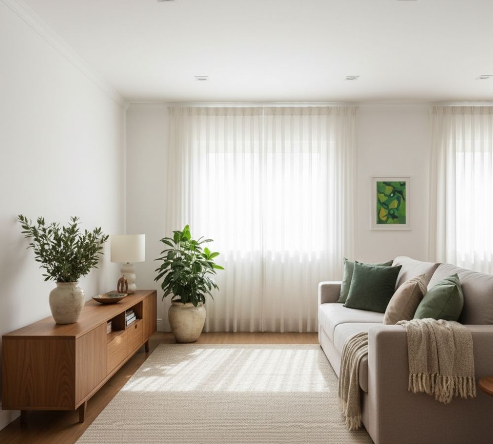 Sala de estar minimalista com paleta 60-30-10 em branco, madeira e verde, sofá bege, rack de madeira e plantas decorativas