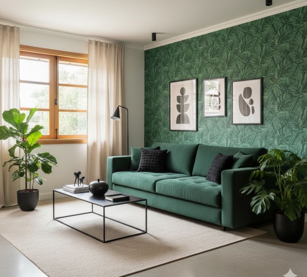 Sala com parede de papel de parede verde, sofá verde escuro e almofadas pretas demonstrando a regra 60-30-10 com cor dominante vibrante